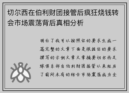 切尔西在伯利财团接管后疯狂烧钱转会市场震荡背后真相分析