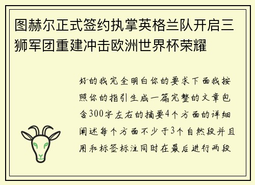 图赫尔正式签约执掌英格兰队开启三狮军团重建冲击欧洲世界杯荣耀